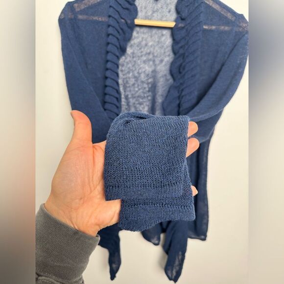 Eileen Fisher Navy Blue Linen Blend Cardigan Sweater Small S knitted ruffles - Picture 12 of 14